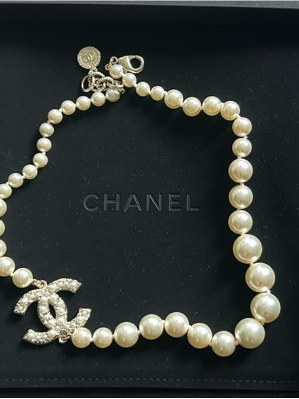 CHANEL Pearl Necklace with Crystal CC Pendant in Cream and Gold-Tone